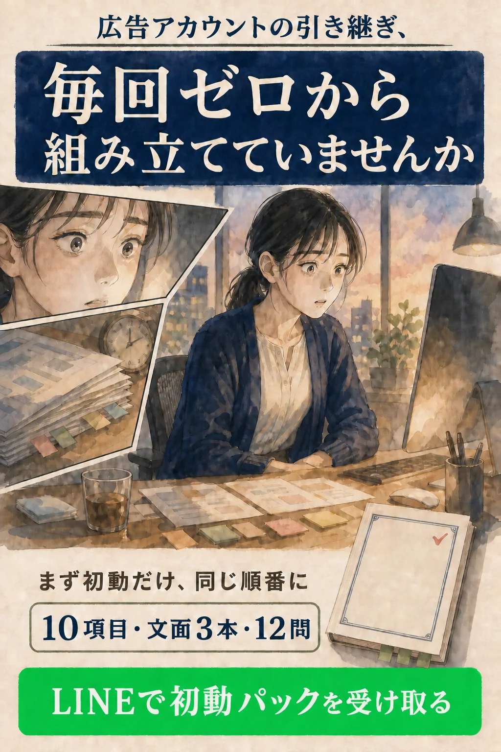 広告アカウントの引き継ぎ、毎回ゼロから組み立てていませんか。まず初動だけ、同じ順番に。10項目・文面3本・12問。LINEで初動パックを受け取る