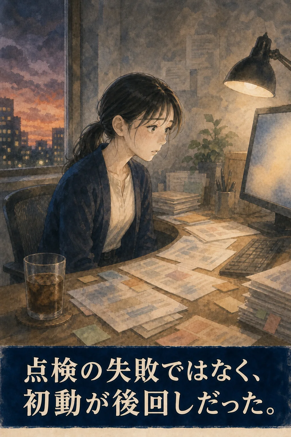 散らかった机で立ち止まる主人公。点検の失敗ではなく、初動が後回しだった。