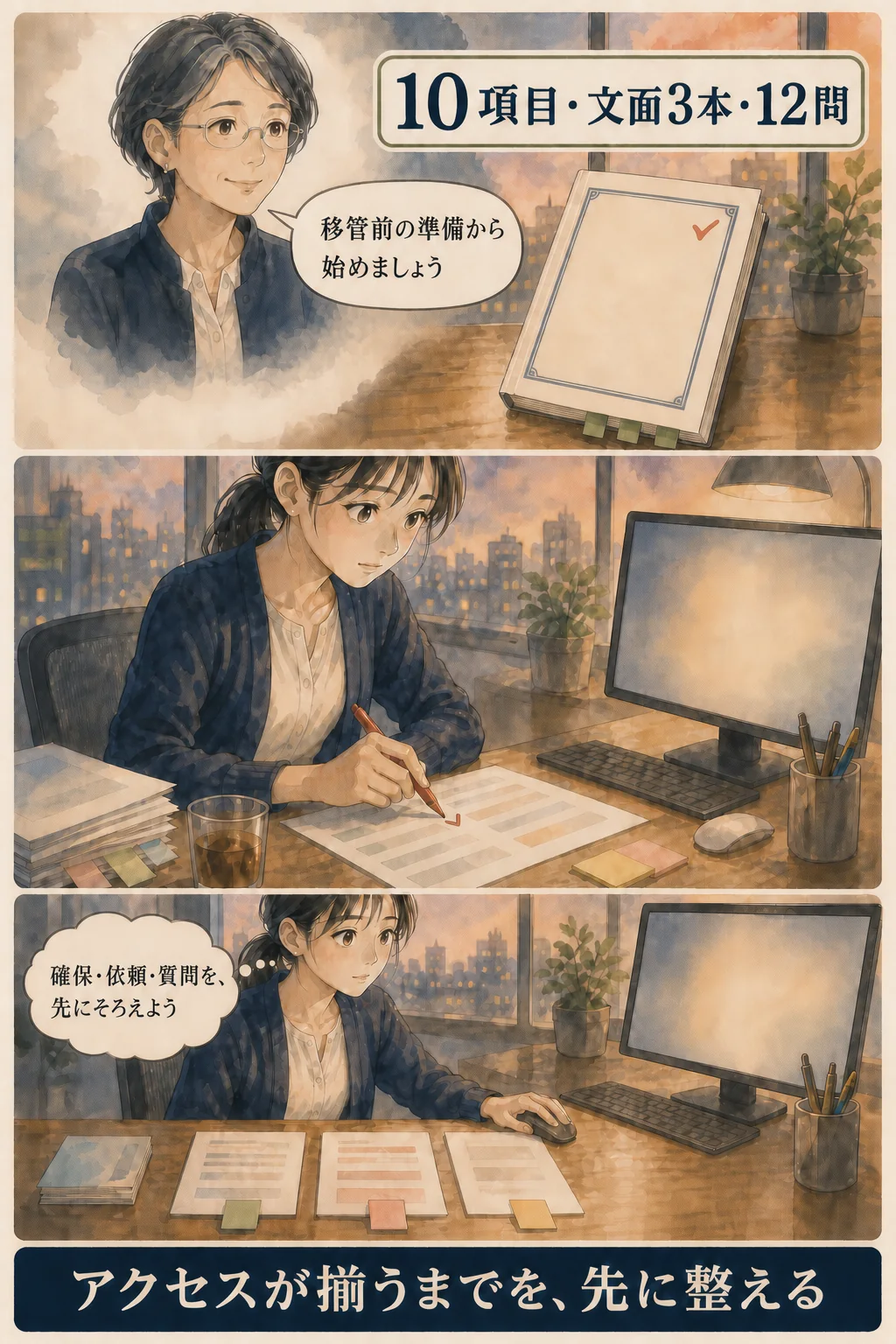 移管前の準備から始めましょう。確保・依頼・質問を、先にそろえよう。10項目・文面3本・12問。アクセスが揃うまでを、先に整える