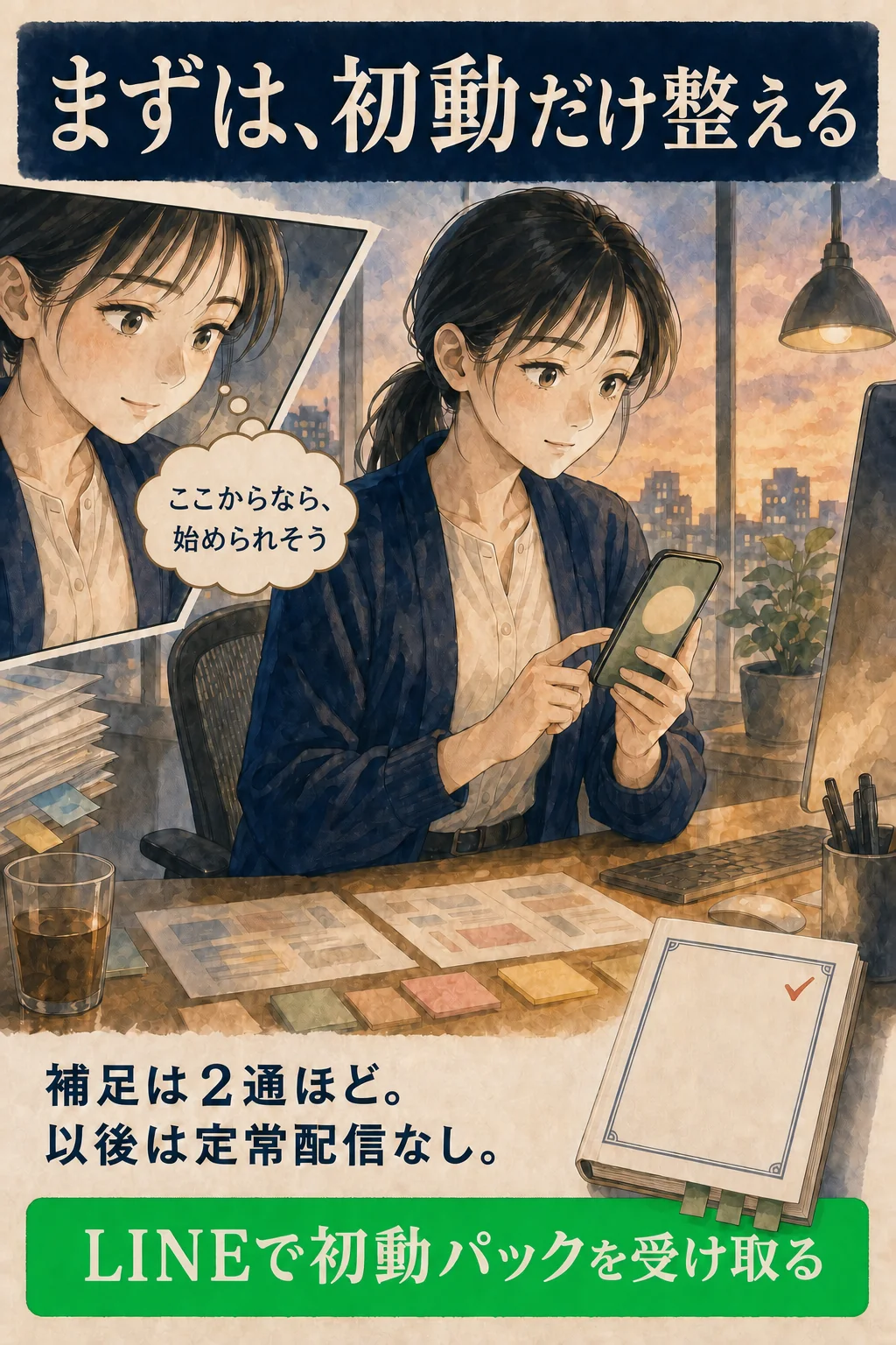 ここからなら、始められそう。まずは初動だけ整える。LINEで初動パックを受け取る。補足は2通ほど、以後は定常配信なし。