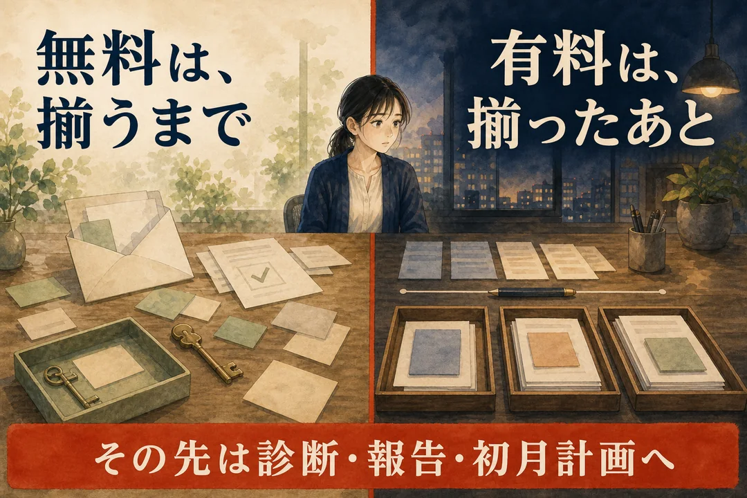 無料は揃うまで、有料は揃ったあと。その先は診断・報告・初月計画へ。
