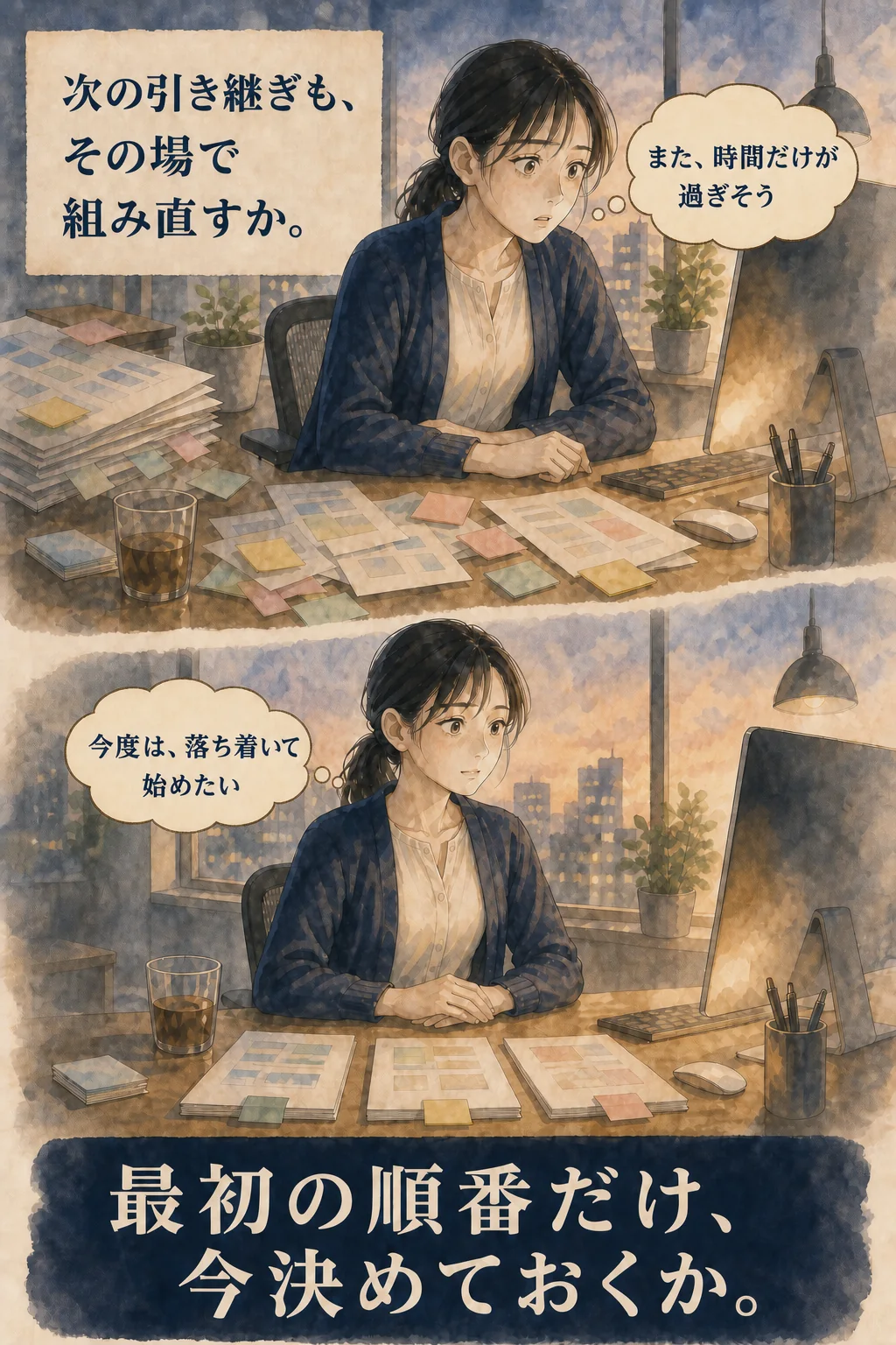 次の引き継ぎも、その場で組み直すか。また、時間だけが過ぎそう。今度は、落ち着いて始めたい。最初の順番だけ、今決めておくか。