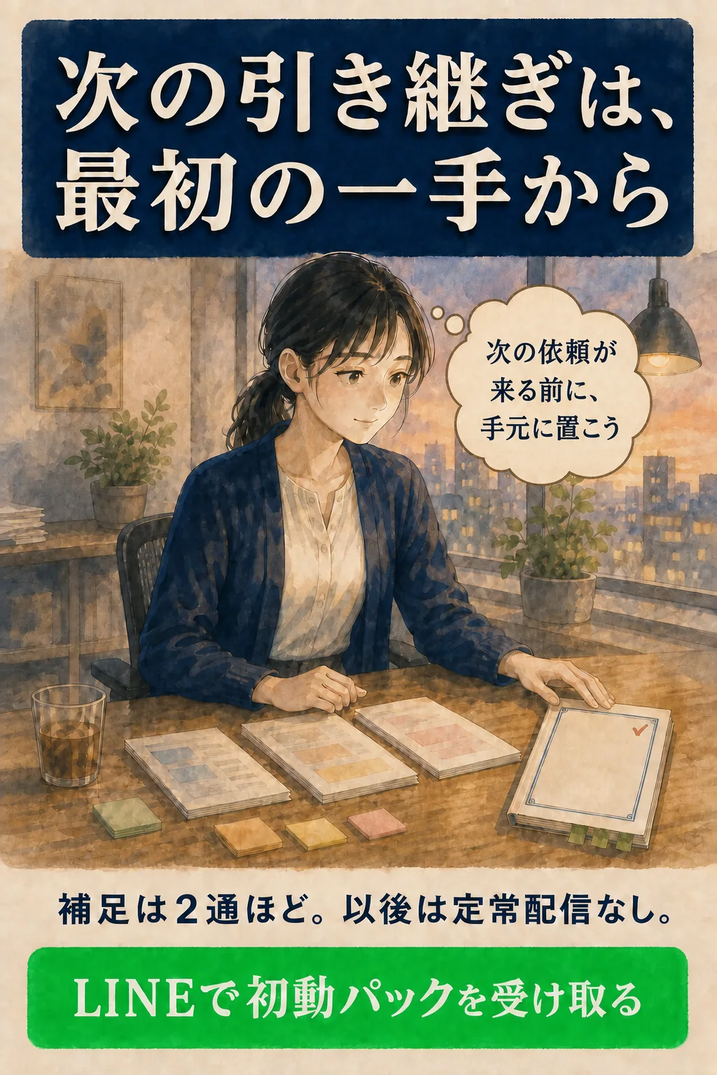 次の依頼が来る前に、手元に置こう。次の引き継ぎは、最初の一手から。LINEで初動パックを受け取る。補足は2通ほど、以後は定常配信なし。
